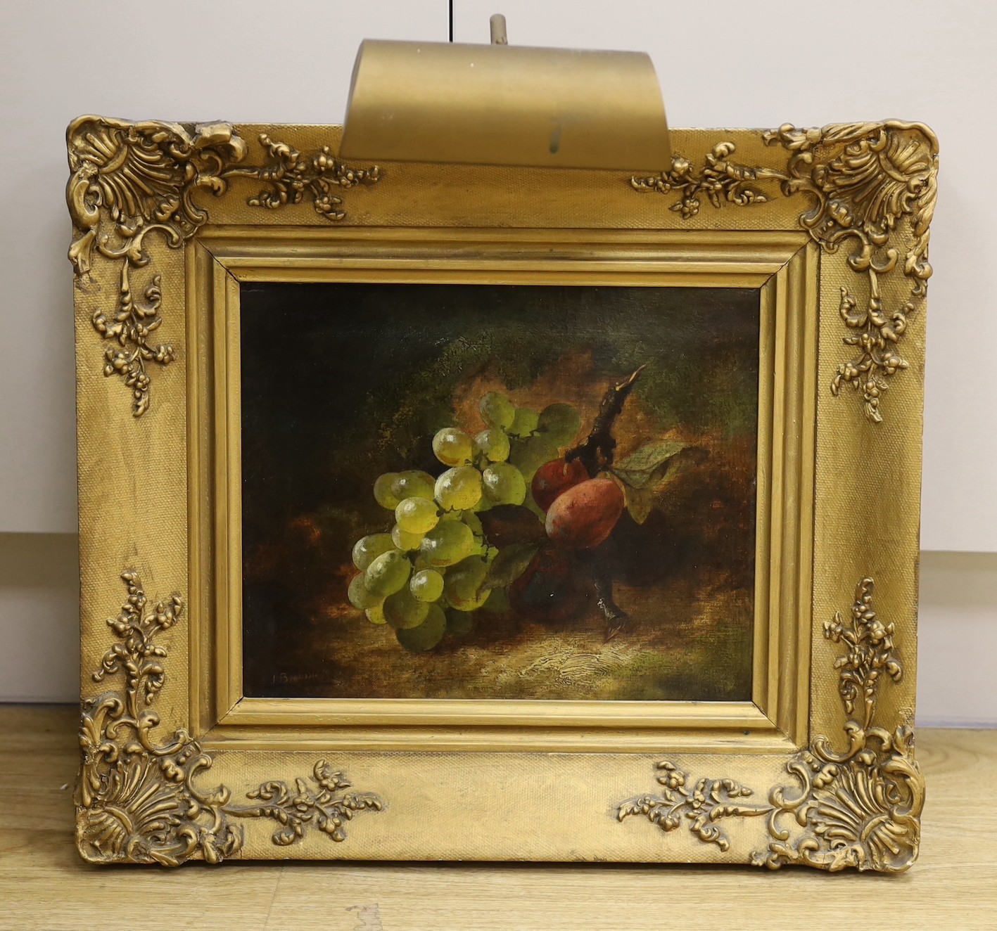 G.J.Broome (fl.1867-1873), oil on canvas, Still life of grapes and plums, signed, 24 x 29cm